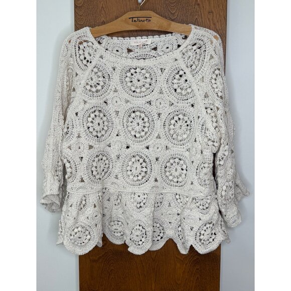 Cream Crochet Peplum Sweater Top Feminine Romantic XL-L See Through Cottage Core - Picture 2 of 11